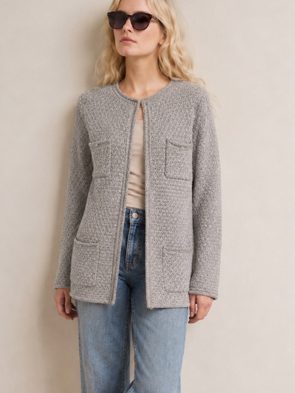 White House Black Market Gray Sequin Knit Long Sleeve Cardigan Sweater XL